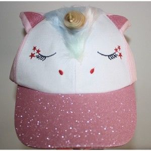 Girl's Unicorn Cap Pink & White Glitter Brim Colorful Hair Adjustable Summer NIP